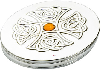 Trinket Box Pewter Large Celtic Cross Inset Topaz Coloured Stone on Lid 90mm