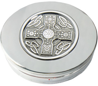 Trinket Box Pewter Round with Circular Insert Lid Featuring Iona Cross 50mm
