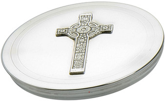 Trinket Box Pewter Large Round with Scottish Iona Cross Emblem on Lid 90mm