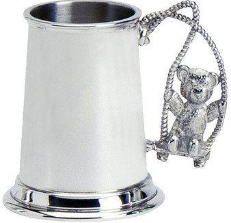Christening Gift Child's Tankard Pewter Can with Swinging Teddy Handle