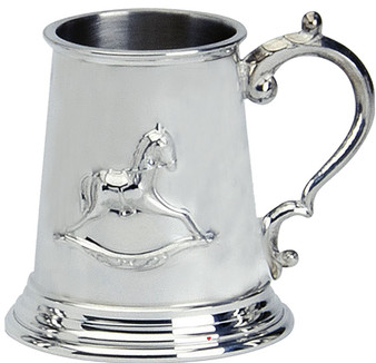 Child's Christening Tankard Pewter Can with Rocking Horse Embossed