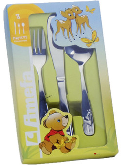 Children's Christening 3 Pce Cutlery Set Fawn Bambi Design Knife Fork Spoon
