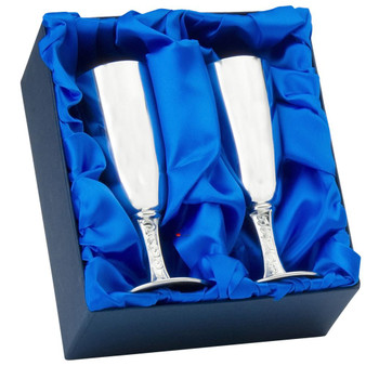 Pewter Flutes Bride and Groom Embossed Stem Champagne Goblets Presentation Boxed Ideal Gift