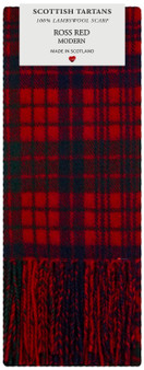 Ross Red Modern Tartan Plaid 100% Lambswool Clan Scarf Made in Scotland