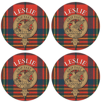 Leslie Scottish Clan Family Name Round Cork Coasters Set of 4