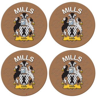 Mills English Ancestry Family Name Round Cork Coasters Set of 4