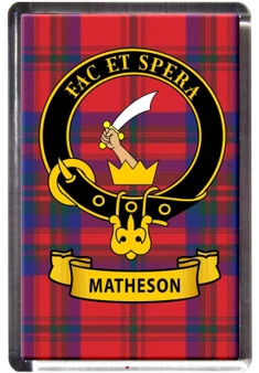 Matheson Clan Tartan Fridge Magnet with Scottish Clan Crest on Clear Acrylic Rectangular Base