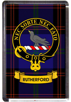 Rutherford Clan Tartan Fridge Magnet with Scottish Clan Crest on Clear Acrylic Rectangular Base
