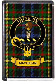 MacLellan Clan Tartan Fridge Magnet with Scottish Clan Crest on Clear Acrylic Rectangular Base