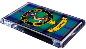 Cooper Clan Tartan Fridge Magnet with Scottish Clan Crest on Clear Acrylic Rectangular Base