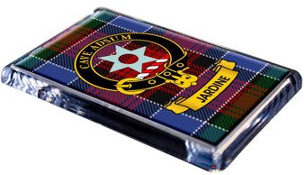 Jardine Clan Tartan Fridge Magnet with Scottish Clan Crest on Clear Acrylic Rectangular Base
