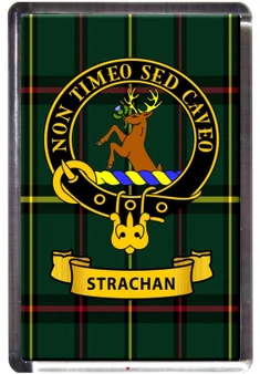Strachan Clan Tartan Fridge Magnet with Scottish Clan Crest on Clear Acrylic Rectangular Base