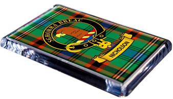 Nicholson Clan Tartan Fridge Magnet with Scottish Clan Crest on Clear Acrylic Rectangular Base