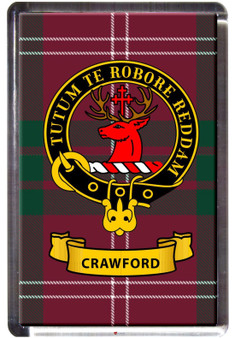 Crawford Clan Tartan Fridge Magnet with Scottish Clan Crest on Clear Acrylic Rectangular Base