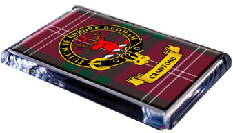 Crawford Clan Tartan Fridge Magnet with Scottish Clan Crest on Clear Acrylic Rectangular Base