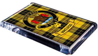 MacLeod Dress Yellow Clan Tartan Fridge Magnet with Scottish Clan Crest on Clear Acrylic Rectangular Base