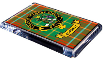 Burnett Clan Tartan Fridge Magnet with Scottish Clan Crest on Clear Acrylic Rectangular Base