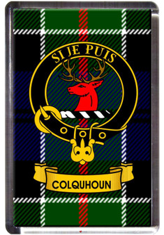 Colquhoun Clan Tartan Fridge Magnet with Scottish Clan Crest on Clear Acrylic Rectangular Base