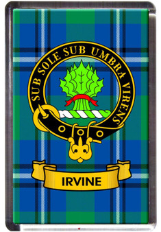 Irvine Clan Tartan Fridge Magnet with Scottish Clan Crest on Clear Acrylic Rectangular Base