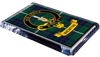 MacIntyre Clan Tartan Fridge Magnet with Scottish Clan Crest on Clear Acrylic Rectangular Base