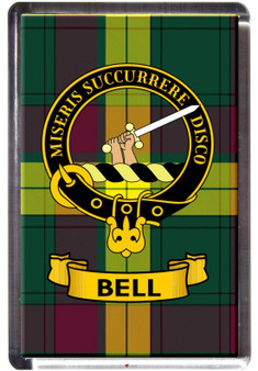 Bell Clan Tartan Fridge Magnet with Scottish Clan Crest on Clear Acrylic Rectangular Base