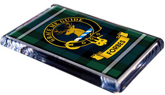 Forbes Clan Tartan Fridge Magnet with Scottish Clan Crest on Clear Acrylic Rectangular Base