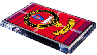 Rose Clan Tartan Fridge Magnet with Scottish Clan Crest on Clear Acrylic Rectangular Base