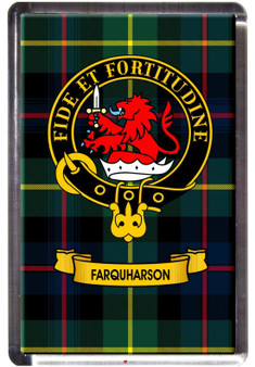 Farquharson Clan Tartan Fridge Magnet with Scottish Clan Crest on Clear Acrylic Rectangular Base