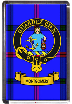 Montgomery Clan Tartan Fridge Magnet with Scottish Clan Crest on Clear Acrylic Rectangular Base
