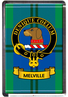 Melville Clan Tartan Fridge Magnet with Scottish Clan Crest on Clear Acrylic Rectangular Base