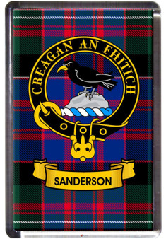 Sanderson Clan Tartan Fridge Magnet with Scottish Clan Crest on Clear Acrylic Rectangular Base