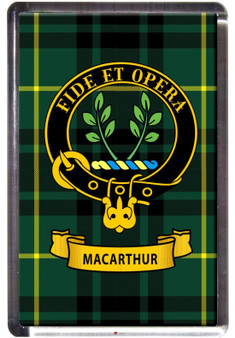 MacArthur Clan Tartan Fridge Magnet with Scottish Clan Crest on Clear Acrylic Rectangular Base