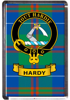 Hardy Clan Tartan Fridge Magnet with Scottish Clan Crest on Clear Acrylic Rectangular Base