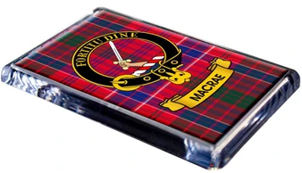 MacRae Clan Tartan Fridge Magnet with Scottish Clan Crest on Clear Acrylic Rectangular Base