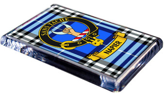 Napier Clan Tartan Fridge Magnet with Scottish Clan Crest on Clear Acrylic Rectangular Base