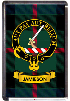 Jamieson Clan Tartan Fridge Magnet with Scottish Clan Crest on Clear Acrylic Rectangular Base