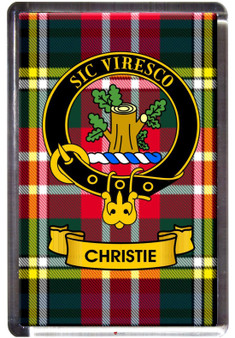 Christie Clan Tartan Fridge Magnet with Scottish Clan Crest on Clear Acrylic Rectangular Base