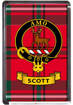 Scott Clan Tartan Fridge Magnet with Scottish Clan Crest on Clear Acrylic Rectangular Base
