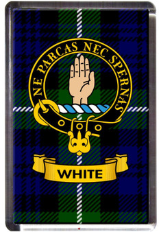 White Clan Tartan Fridge Magnet with Scottish Clan Crest on Clear Acrylic Rectangular Base