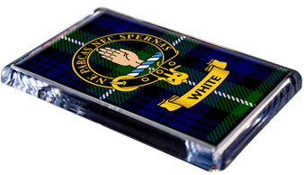 White Clan Tartan Fridge Magnet with Scottish Clan Crest on Clear Acrylic Rectangular Base