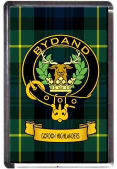 Gordon Highlanders Tartan Fridge Magnet with Scottish Clan Crest on Clear Acrylic Rectangular Base