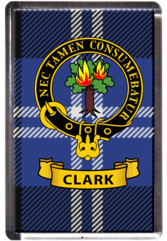 Clark Clan Tartan Fridge Magnet with Scottish Clan Crest on Clear Acrylic Rectangular Base