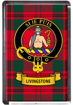 Livingstone Clan Tartan Fridge Magnet with Scottish Clan Crest on Clear Acrylic Rectangular Base