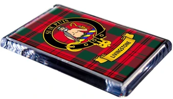 Livingstone Clan Tartan Fridge Magnet with Scottish Clan Crest on Clear Acrylic Rectangular Base