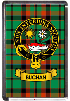 Buchan Clan Tartan Fridge Magnet with Scottish Clan Crest on Clear Acrylic Rectangular Base