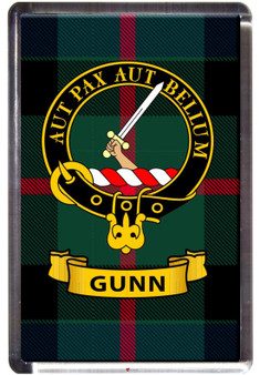 Gunn Clan Tartan Fridge Magnet with Scottish Clan Crest on Clear Acrylic Rectangular Base