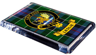Leslie Clan Tartan Fridge Magnet with Scottish Clan Crest on Clear Acrylic Rectangular Base