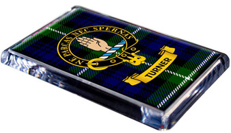 Turner Clan Tartan Fridge Magnet with Scottish Clan Crest on Clear Acrylic Rectangular Base