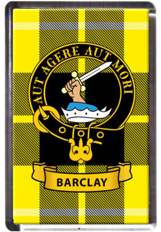 Barclay Clan Tartan Fridge Magnet with Scottish Clan Crest on Clear Acrylic Rectangular Base