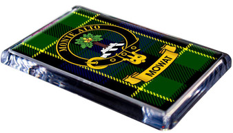 Mowat Clan Tartan Fridge Magnet with Scottish Clan Crest on Clear Acrylic Rectangular Base